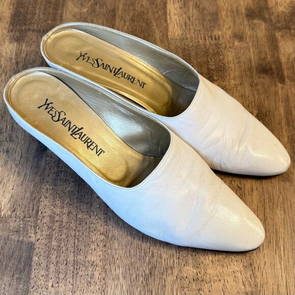 YSL Yves Saint Laurent Leather Mule Pointy Toe Heel Slip-On White Women’s Sz 7.5 - Picture 2 of 11